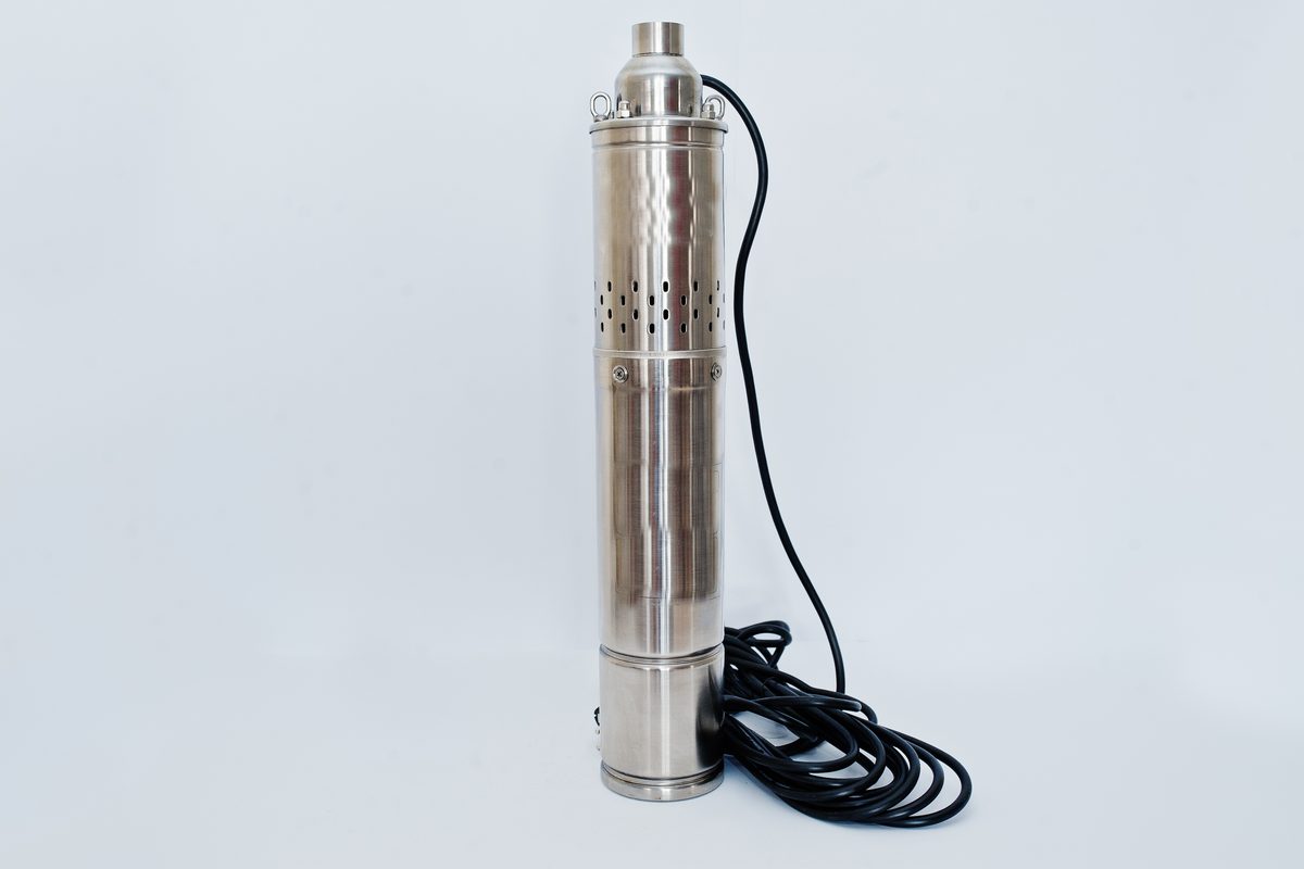 Deep well submersible pump photographed against a white background